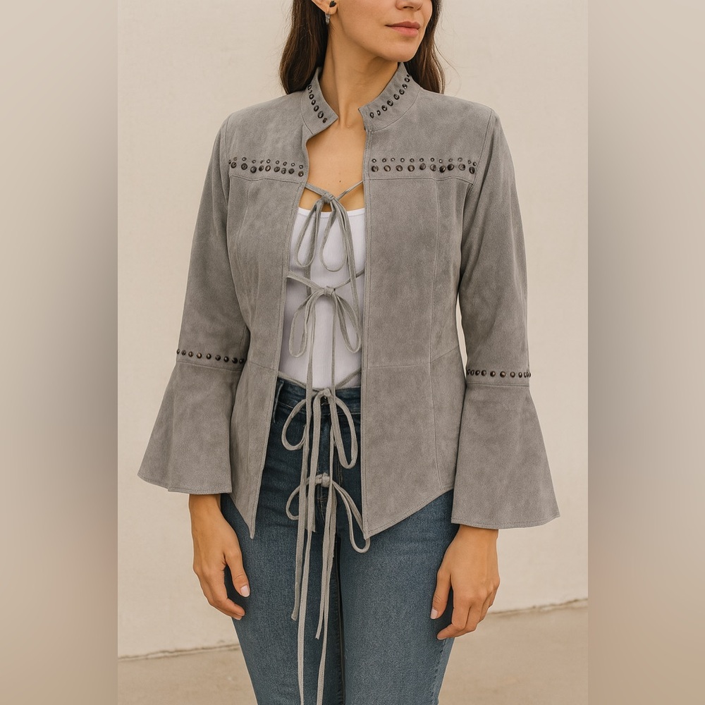 NWT Chi By Falchi Gray Leather Suede Jacket Tie Western